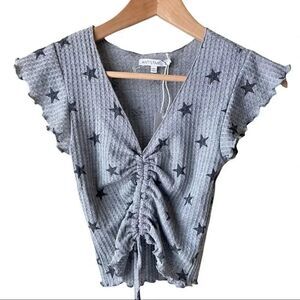 Antistar Grey Star Printed Waffle Knit Cropped Top Boho Hippie Top Blouse